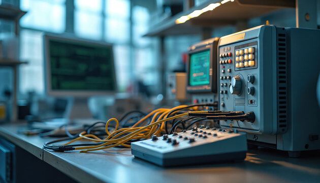 Electronic lab equipment with cables. Computer monitor shows data. Oscilloscope and power supply for testing and research. Scientific measurement tools.