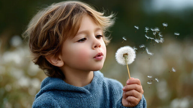Little boy blowing on dandelion in a field at sunset