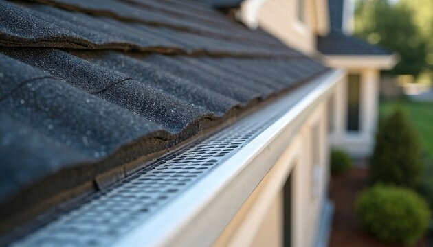 New white seamless gutter with metal mesh guard on house roof with dark shingles. Exterior home improvement, water drainage system protection. Clean house exterior.