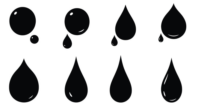 Various black water droplets displayed on a white background silhouette