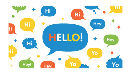 Fototapeta premium Hello in Various Languages: A collection of vibrant speech bubbles displaying the word hello in different languages and styles, creating a sense of global communication and connection.