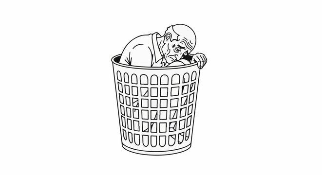 A tired, elderly man sits slumped inside a laundry basket, appearing defeated