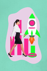 Zine 3d image collage of happy businesswoman businessman stand rocket flight project startup chart...