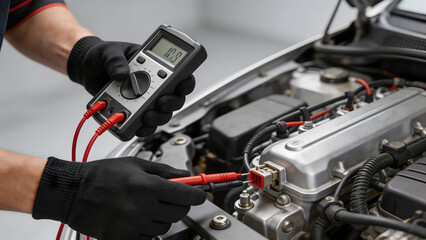 Obraz premium Mechanic testing car engine with multimeter