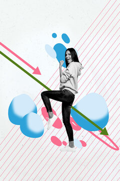 Picture art collage of person win stand on white background with down arrows