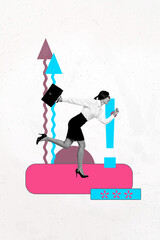 Art image vertical photo collage of happy businesswoman businessman stand arrow up pointer progress...