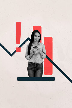 Vertical zine trendy photo collage of inexperienced businesswoman businessman stand graph chart decline regress problem economy