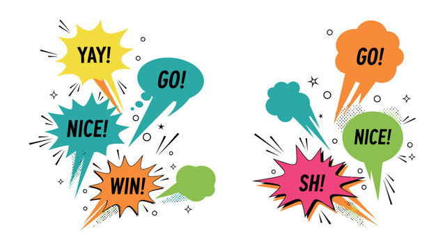 Dynamic Expressions: A vivid composition of energetic exclamations bursting forth from colorful speech bubbles, capturing the essence of excitement, enthusiasm, and celebration.