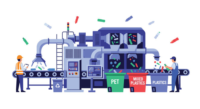 A complex recycling machine processes plastic bottles, with two workers sorting items into labeled bins on a conveyor belt.