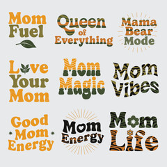 Naklejka premium Retro Mother's Day Typography Set, 9 Vintage Mom Life Quotes and Slogans, Earthy Green and Orange Groovy Lettering Vector Graphics