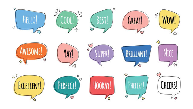 Colorful Speech Bubbles: A vibrant collection of speech bubbles bursts with an array of positive exclamations, conveying messages of excitement and approval.