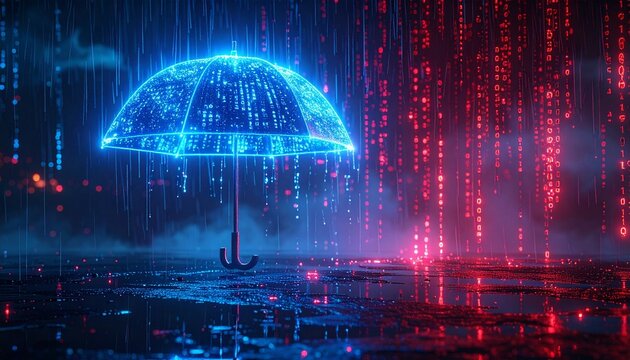 Neon blue digital umbrella protecting a brain from binary code rain