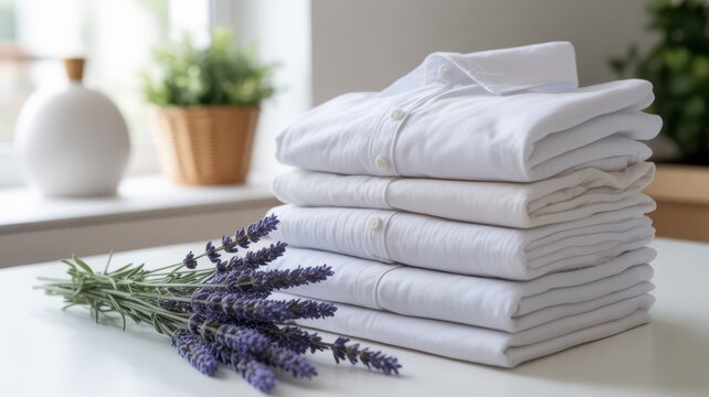 Stack of neatly folded clean white shirts with a fresh bunch of lavender flowers on a white table.