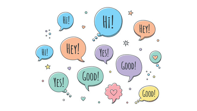 Colorful Conversations: Whimsical speech bubbles filled with positive affirmations and greetings float against a backdrop, expressing cheerful communication.