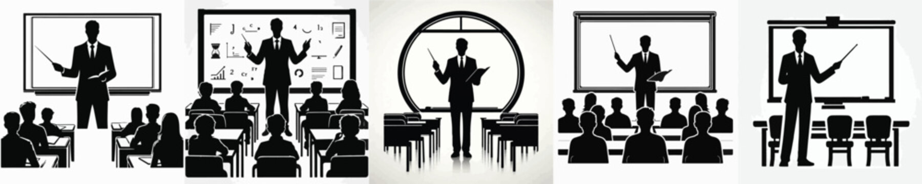 Vector silhouette of teacher teaching in front of board