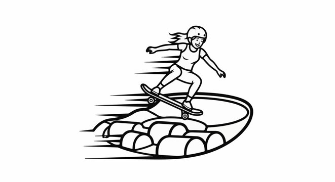 A cartoon illustration of a person skateboarding over obstacles