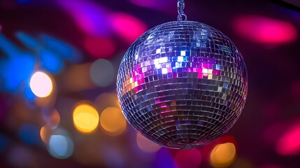 Obraz premium Disco ball hangs at a party venue with colorful lights shining in the background