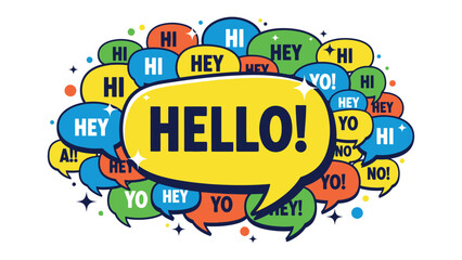 Fototapeta premium Hello! Bubble Burst: A vibrant display of Hello and other greetings bursts forth from speech bubbles, creating a visually dynamic composition of diverse communication.