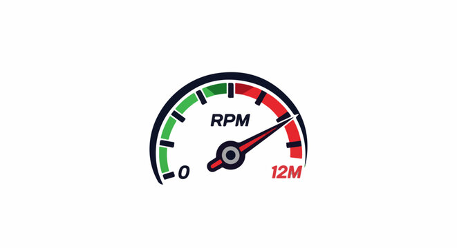 A close up of a round engine tachometer gauge with a needle pointing to 12M