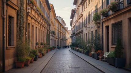 Fototapeta premium Charming Cobblestone Street in an Old European Town with Traditional Buildings