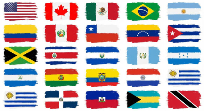 Artistic collection of diverse national flags from the Americas, featuring a vibrant brushstroke texture, symbolizing global identity and cultural heritage