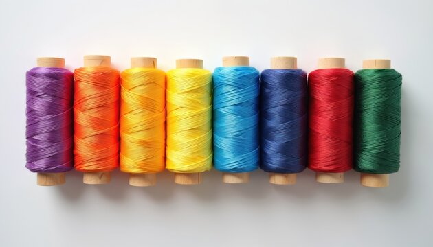 Rainbow colored spools of thread stand in a row on a clean white background. Vibrant colors include purple, orange, yellow, blue, red and green. Sewing craft supplies are neatly arranged.