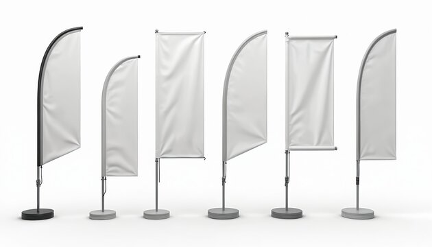 Collection of blank white advertising flags and banners stand on poles with bases. Various shapes include feather and rectangle. Ideal for promotional designs and marketing displays.