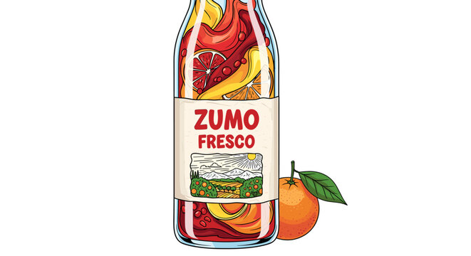 A vibrant illustration of a Zumo Fresco juice bottle filled with colorful citrus fruit slices, accompanied by a fresh orange.