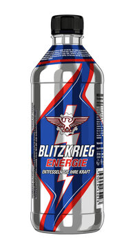 A silver energy drink bottle with a blue and red label featuring 'BLITZKRIEG ENERGIE' text, a lightning bolt, and a winged emblem, isolated on a white background.