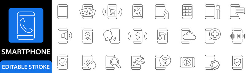Smartphone icon set. Phone icons. Contact. Navigation. Media. User. Editable stroke. Vector illustration