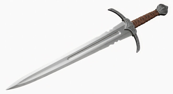 Medieval broadsword with detailed engravings on a clean white background showcasing historical