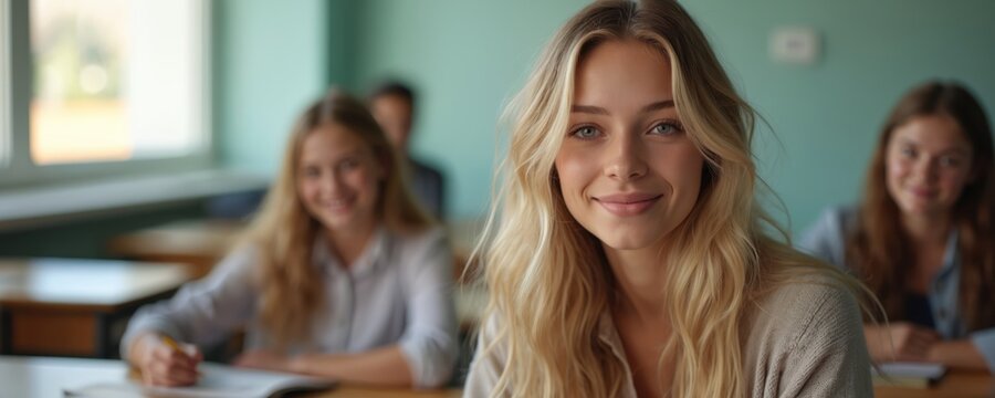 Young blonde woman smiles at camera in classroom. Students sit at desks learning. One girl writes notes. Teacher watches attentively. Education environment. Attentive faces.
