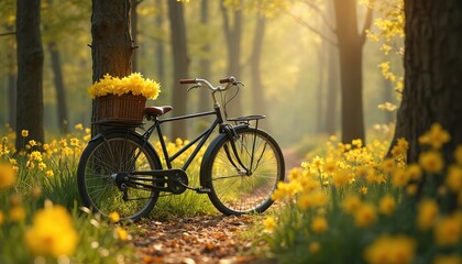 Fototapeta premium Vintage bicycle with basket full of yellow daffodils sits on forest path. Lush green grass and bright flowers surround the bike. Warm sunlight filters through trees creating peaceful scene.