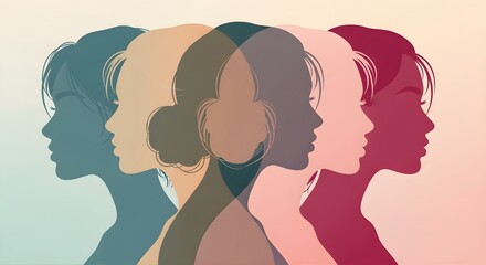 Happy Women’s Day Illustration with Diverse Female Profiles in Soft Gradient Colors, Symbolizing Empowerment, Equality, Identity and Inclusion – Perfect for Social Media, Posters, Campaigns, Branding 