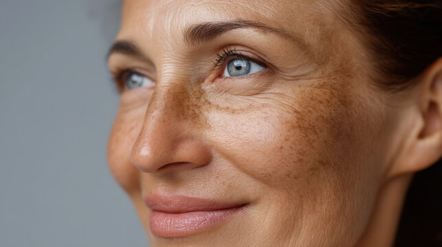 Close-up of woman&rsquo;s face with visible dark brown age spots and wrinkles, representing hyperpigmentation, sun damage, and skincare dermatology