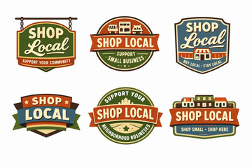 Fototapeta premium Shop local support small business badges collection, promoting community economy with retro vintage design style