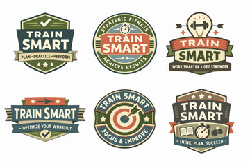 Fototapeta premium Train smart fitness concept badges set for workout motivation, health, and strategic exercise activity