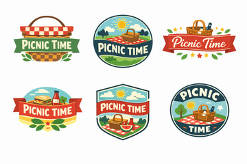 Naklejka premium Collection of colorful picnic labels featuring baskets, checkered blankets, sunshine, and food items for summer outdoor enjoyment