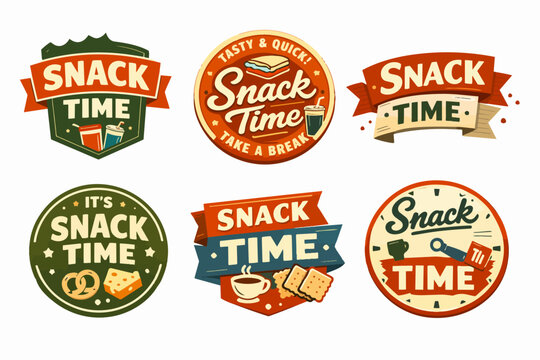 Snack time vintage badges and labels collection for food packaging, shop menu, fast food, cafe, and store branding