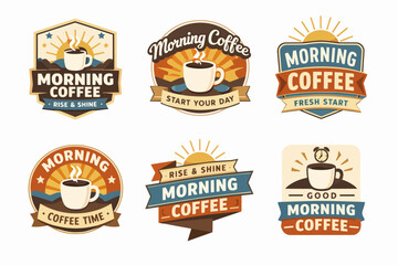 Obraz premium Morning coffee badges set offering fresh start concepts and positive energy for daily awakening