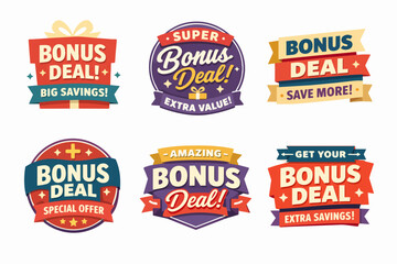 Obraz premium Six colorful design elements illustrating bonus deals and promotions for business, retail, and e-commerce advertising
