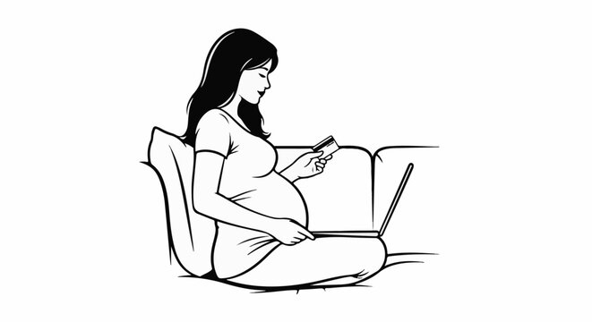 Pregnant woman on couch uses laptop and credit card for online shopping