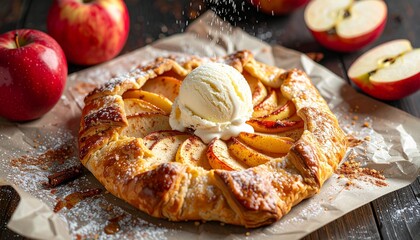 Apple Pie Delight: An inviting homemade apple pie topped with a scoop of creamy ice cream sits among fresh apples, promising a sweet and comforting treat. 