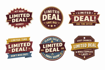 Obraz premium Six vintage-style limited deal badges offering promotions, sales, and special discounts for urgent marketing campaigns