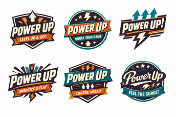 Obraz premium Power up badges set for gaming and energy concepts, featuring modern retro style emblems with bolts, stars, and arrows