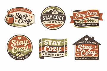 Obraz premium Stay cozy logo badges collection promoting comfort, relaxation, hygge, and warmth with vintage style illustrations