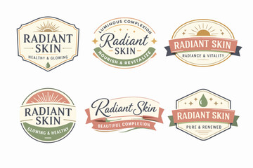 Obraz premium Set of radiant skin logos in retro styles, featuring sun rays, drops, and stars, perfect for skincare product labeling and branding