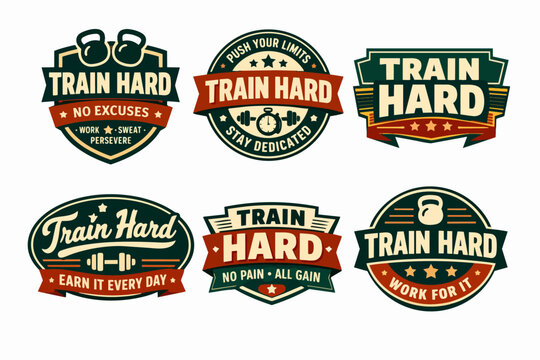 Set of workout emblems featuring fitness equipment and inspiring slogans for training, sports, and healthy lifestyle concepts