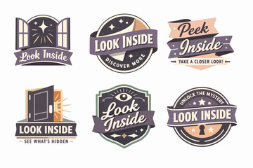 Fototapeta premium Collection of look inside concept labels and badges, exploring discovery, curiosity, and hidden information