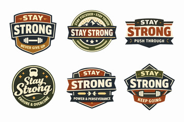 Obraz premium Set of stay strong badges and emblems, promoting fitness, motivation, perseverance, and determination in retro style